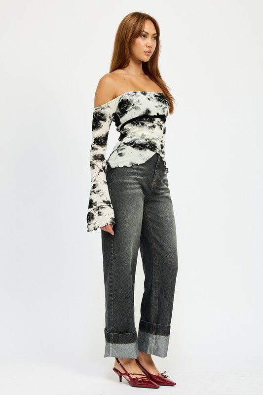 Off Shoulder Top With Lettuce Hem