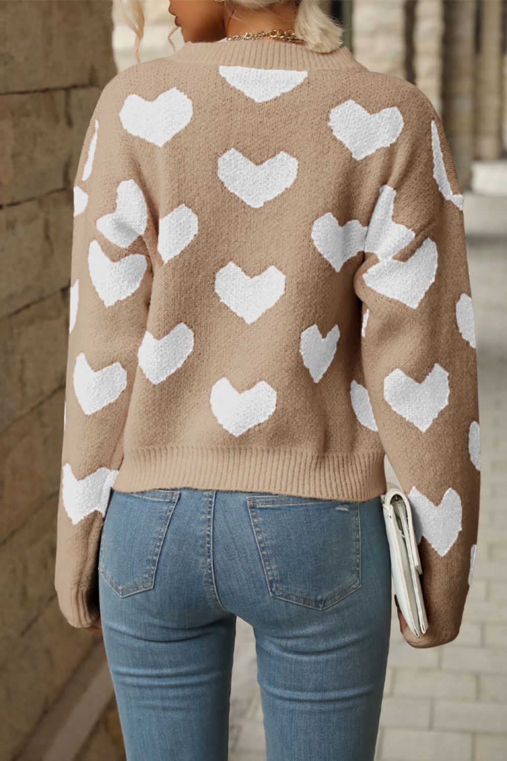 Perfee Heart Pattern Dropped Shoulder Sweater