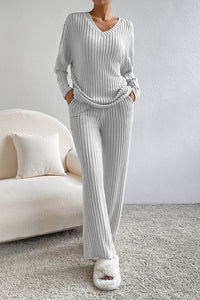 Women Ribbed Knit V Neck Slouchy Two-piece Outfit