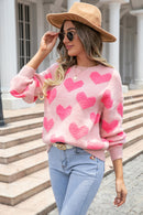 Angel Wings Round Neck Dropped Shoulder Sweater with Heart Pattern