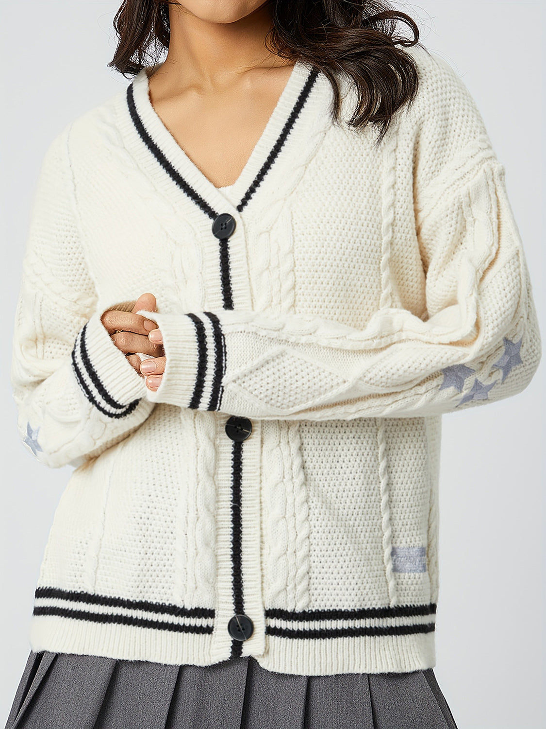 Star Embroidered V-Neck Long Sleeve Cardigan