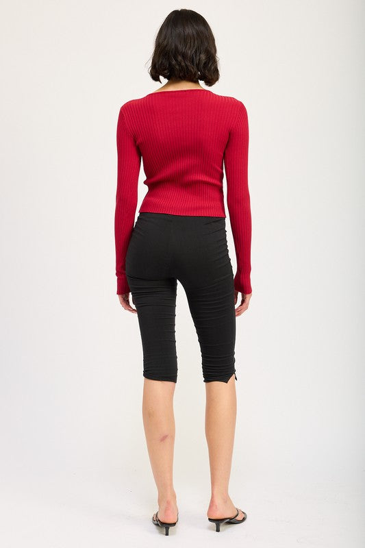 Long Sleeve Ribbed Top With Bow Detail