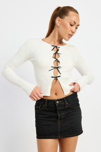 Long Sleeve Ribbed Top With Bow Detail