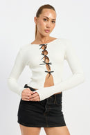 Long Sleeve Ribbed Top With Bow Detail