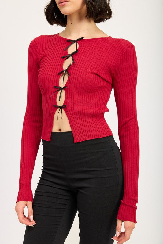 Long Sleeve Ribbed Top With Bow Detail