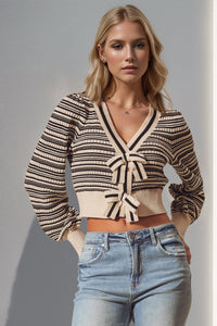 Double Take Full Size Striped Bow Decor Cropped Cardigan