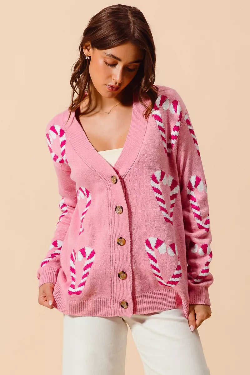 SO ME Christmas Candy Cane Button Front Sweater Cardigan