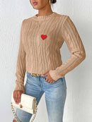 Cable-Knit Heart Round Neck Long Sleeve Sweater