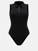 Quarter Zip Collared Neck Sleeveless Bodysuit