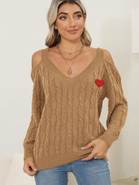 Cable-Knit Heart V-Neck Sweater