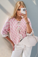 Double Take Tied Checkered Dropped Shoulder Flounce Sleeve Cardigan