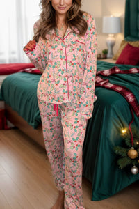 Mistletoe Printed Collared Neck Long Sleeve Top and Pants Lounge Set